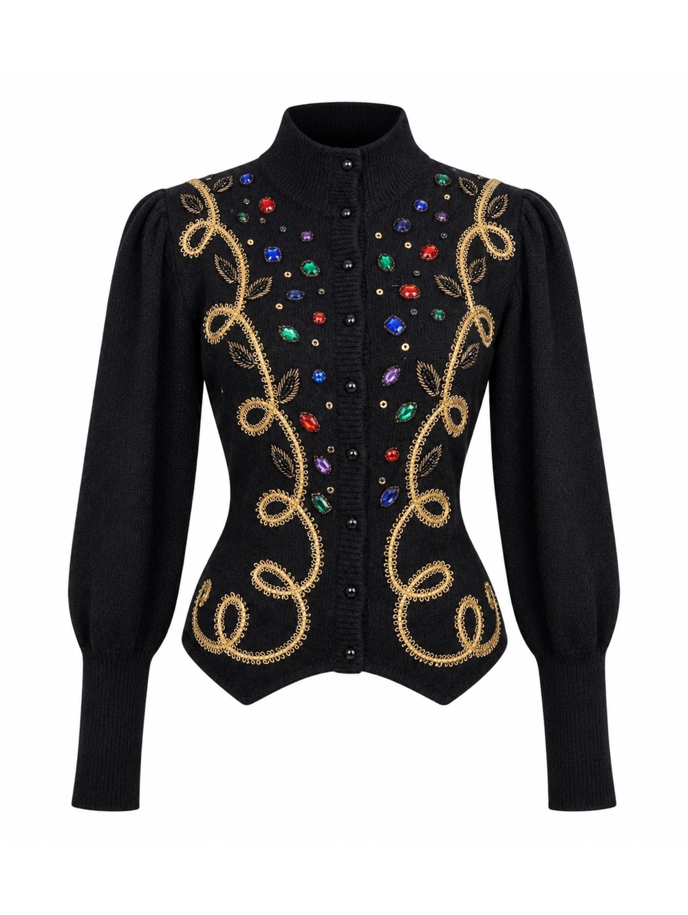 Vintage Black Wool Jewel Embellished Statement Cardigan